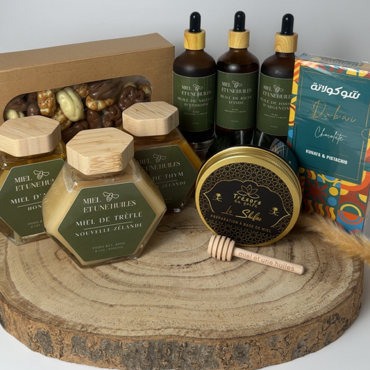 Pack complet 3 miels + 3 huiles + pot 7 guérisons + noix de pécan mixte 200g + tablette de Dubaï