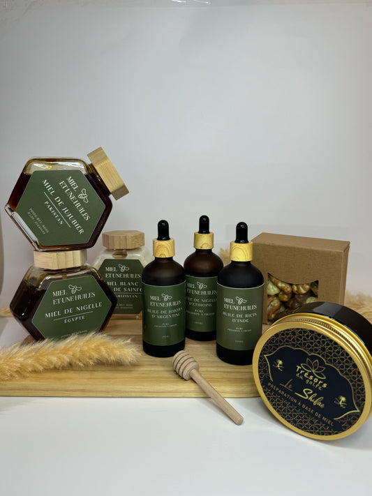 Pack complet miels + huiles + pot 7 guérisons + noix de pécan mixte 300g